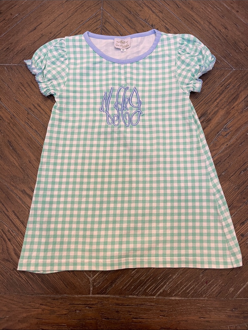 Sew Magnolia Girls' Mint Gingham Short Sleeve Dress with Monogram MAJ